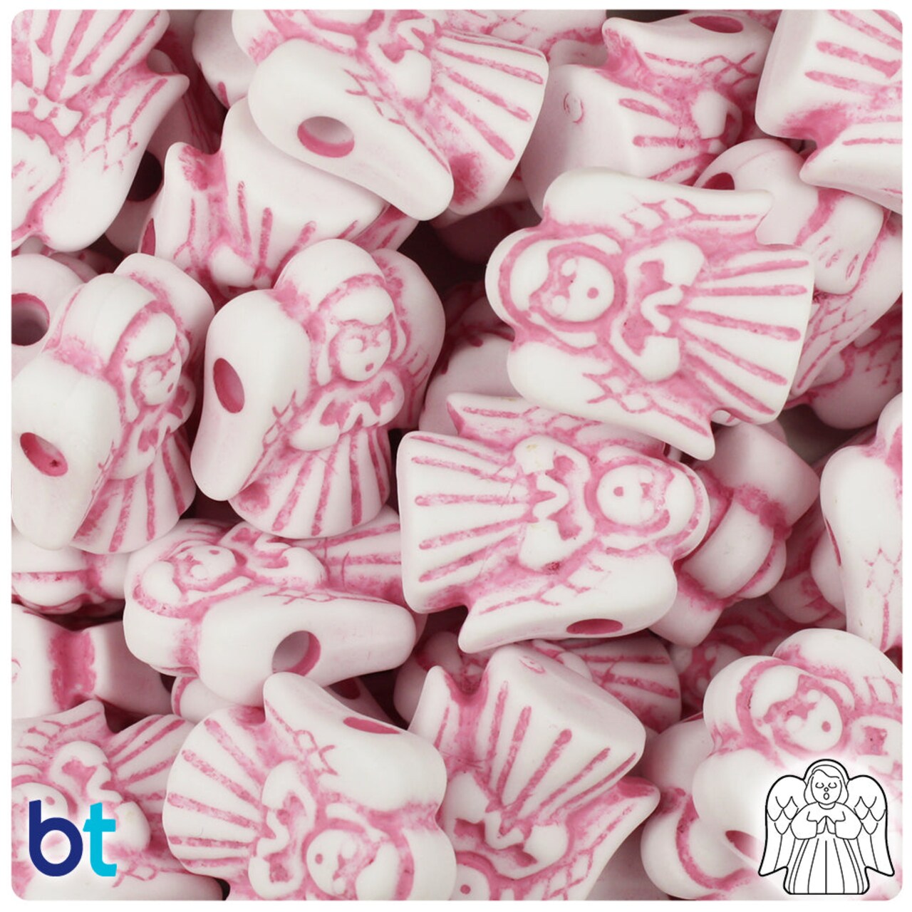 BeadTin White w/Pink Antique 22mm Angel Plastic Pony Beads (24pcs)